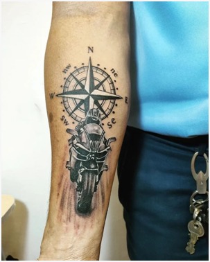 Compass With Bike Forearm Tattoo
